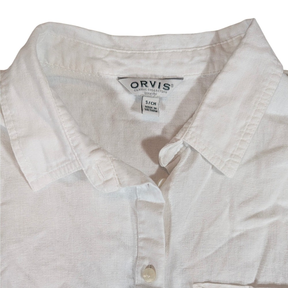 Orvis Button Down Top Womens Small White Linen Blend Short Sleeve Classic Pocket - Picture 3 of 8